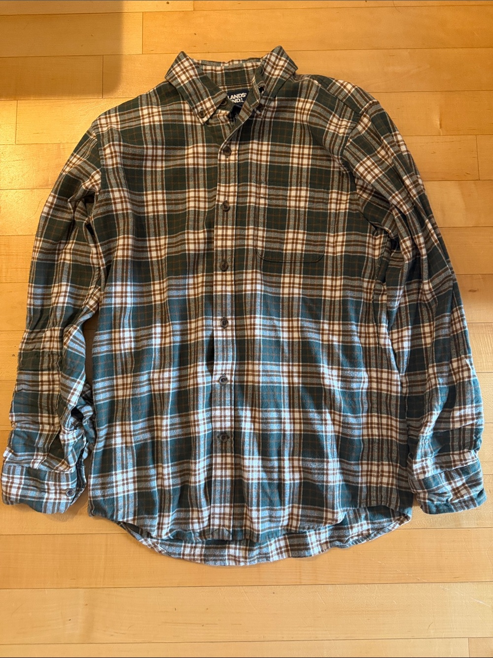 Lands' End Green and White Plaid Long-Sleeve Button Shirt